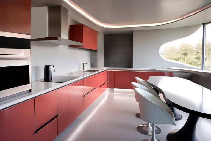 a kitchen with a table and chairs and a table