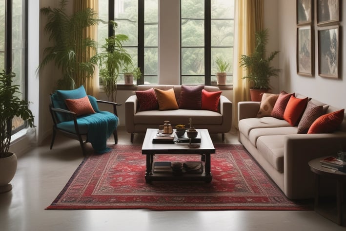 a living room with a couch and a table