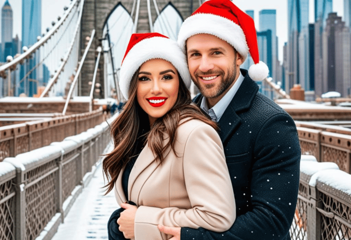 Create a picture of a white man and a beautiful woman hugging in New York in the snow in Brooklyn we