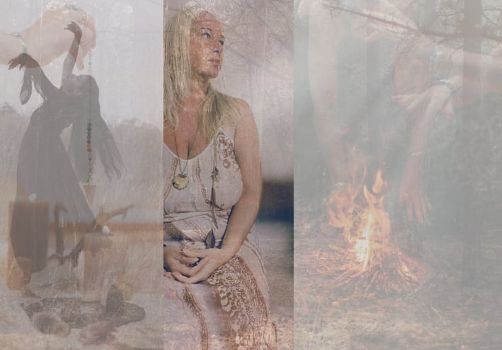 Maryann in shadow ceremony, invocation, and firelight—symbolizing descent, naming, and soul truth