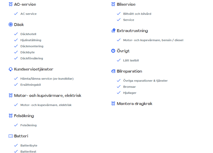 en lista av tjänster vi erbjuder
