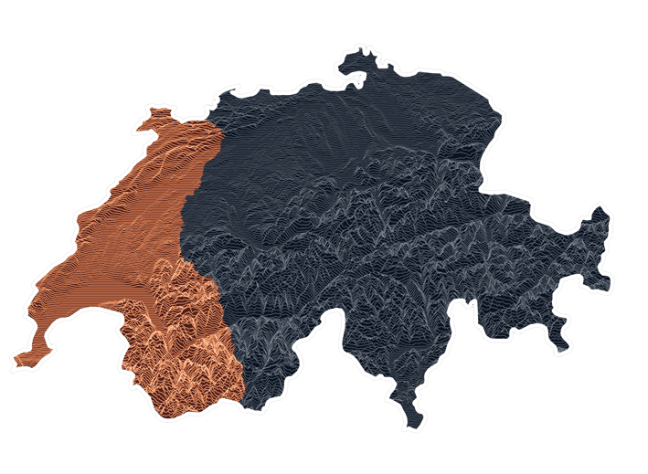 Carte stylisée de la Suisse avec la Suisse romande mise en évidence en orange sur fond bleu foncé.