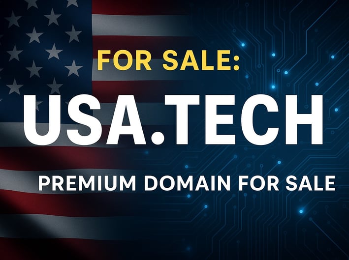 USA.TECH domain for sale banner with U.S. flag and tech circuit background