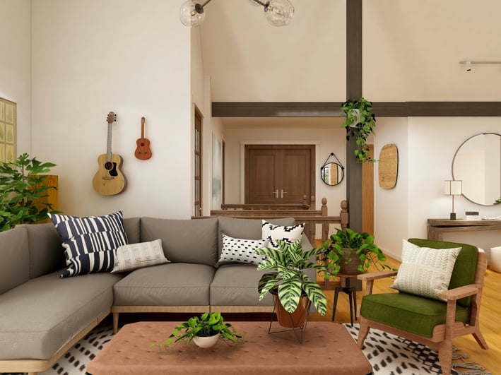 a living room with a couch and a guitar