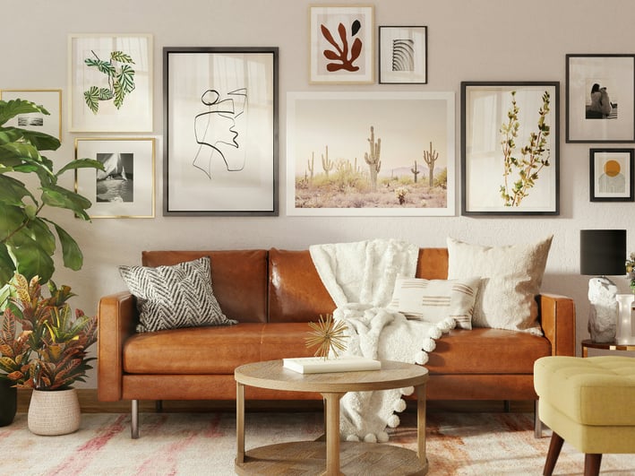 a living room with a couch and a table