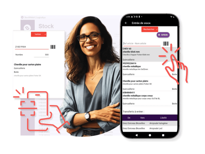 une entrée de stock en mobile réalisée par une entrepreneuse avec stockmobil