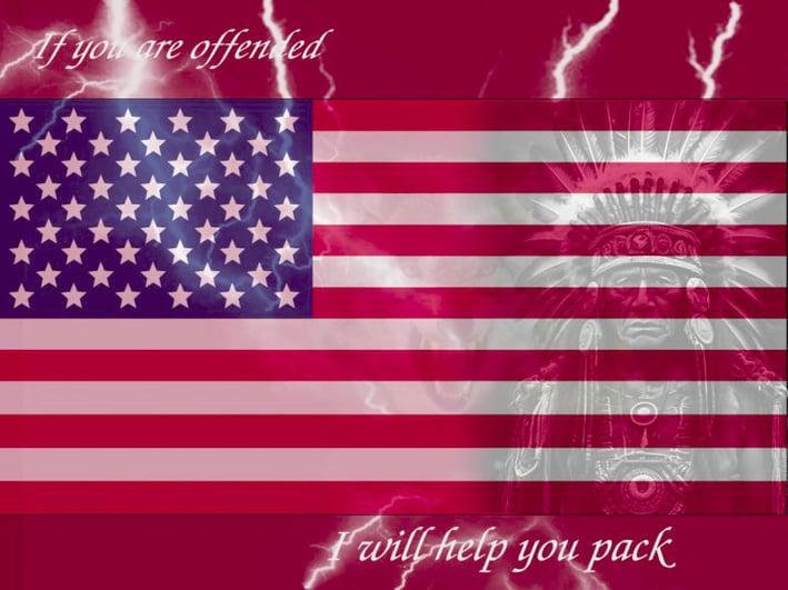 a US flag with a native american seeing through it.