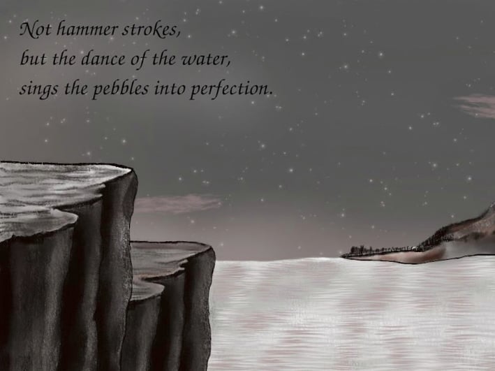 Pencil drawing of a cliff on the left, a river, a distantant hill on the right under stary night sky