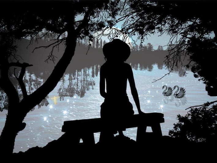 a woman sitting on a bench with trees and a sparkeling lake reflectionsin the dark