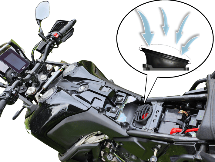 Yamaha T7 motorcycle with high-flow air filter cover position indicated