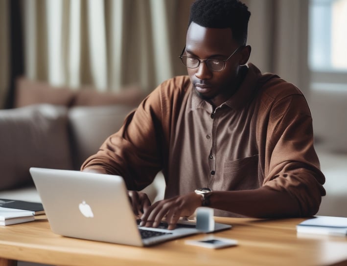 A is using a laptop to browse an online marketplace featuring various digital products or themes. The screen displays a selection of software or website themes with descriptions and prices. The person seems to be in a well-lit room, sitting at a table.