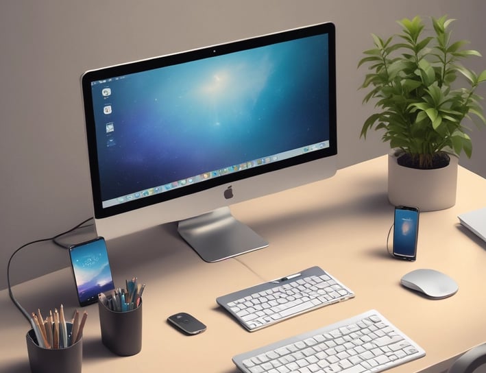 silver iMac near iPhone on brown wooden table