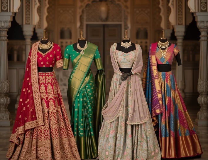 a group of women's dresses and dresses on display