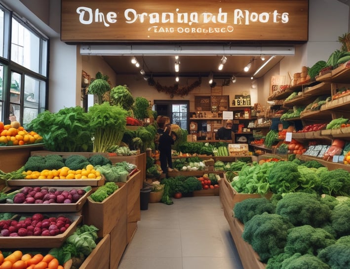 A cozy, rustic market stall displaying a variety of colorful fresh produce such as tomatoes, bell peppers, carrots, and turnips. A blackboard with handwritten notes on organic offerings, pricing, and a chicken advertisement is prominently displayed. Potted herbs and several hanging plants add a touch of greenery to the sunny, wooden interior.