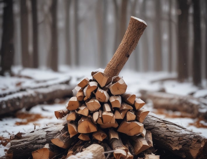 A stack of neatly arranged chopped firewood logs is visible, with varying shades of brown and hints of green moss on the bark, suggesting a rustic and natural setting. The logs are cut into uniform pieces, indicating they are prepared for use as firewood.