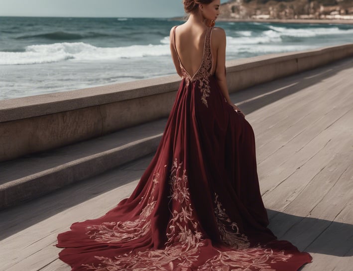 Woman in embroidered maroon dress wlking along the boardwalk