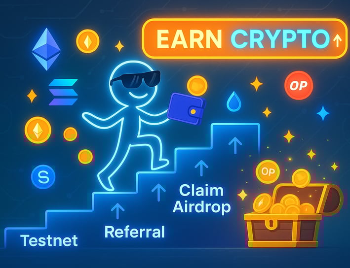A glowing stick figure wearing sunglasses walks up a futuristic staircase labeled "Testnet," "Referr