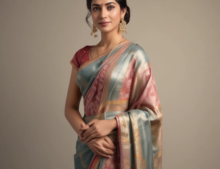 A woman stands elegantly wearing a dark blue ethnic outfit that features intricate patterns and a matching long dupatta. She holds the dupatta gracefully, showcasing its design. Her hair is neatly styled, and she wears large, traditional earrings. Next to her, there is a tall white vase with green foliage.