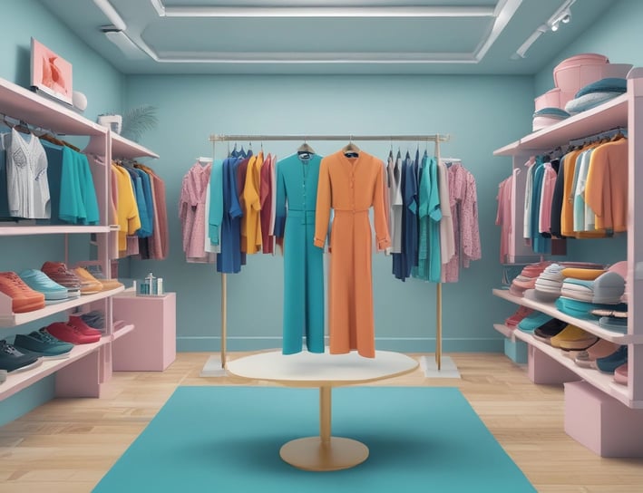 A well-organized clothing store with displays of neatly stacked shirts in various colors, mainly white, blue, and beige. Mannequins dressed in formal attire are placed around the store. Shelves are stocked with boxes and additional clothing items. Overhead lighting creates a warm atmosphere, and signs displaying prices are visible throughout the store.