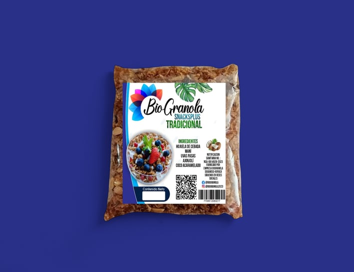 granola tradicional con excelentes ingredientes como hojuelas de cebada, mani, uvas pasas, ajonjoli