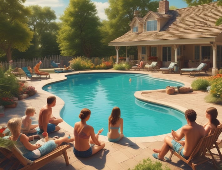 Replace with a scene of a pool on a beautiful summer day. Family is in the pool or cooking.