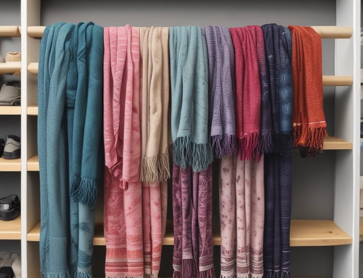 Two women are shopping in a brightly lit clothing store. They are browsing through racks of clothes, with various apparel and accessories displayed on shelves and hangers in the background. One woman is holding up a garment to show the other.