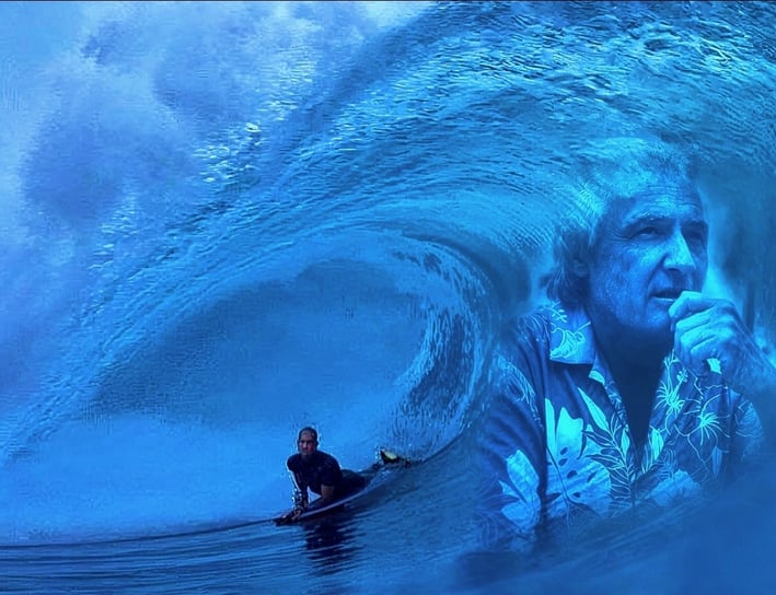 Athlete carving a wave on a bodyboard in tribute to Tom Morey – content from Bodyboardingart.com