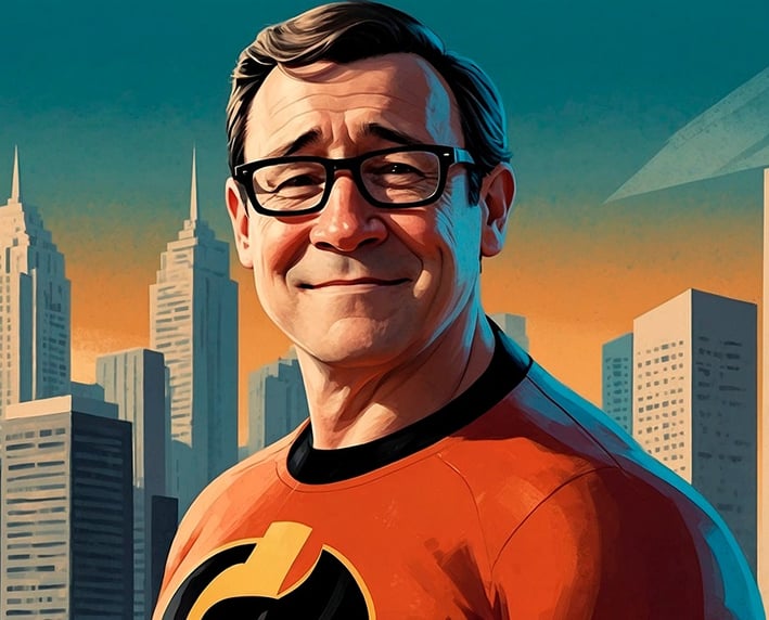 Portrait photo transformed into a man in a red shirt and glasses