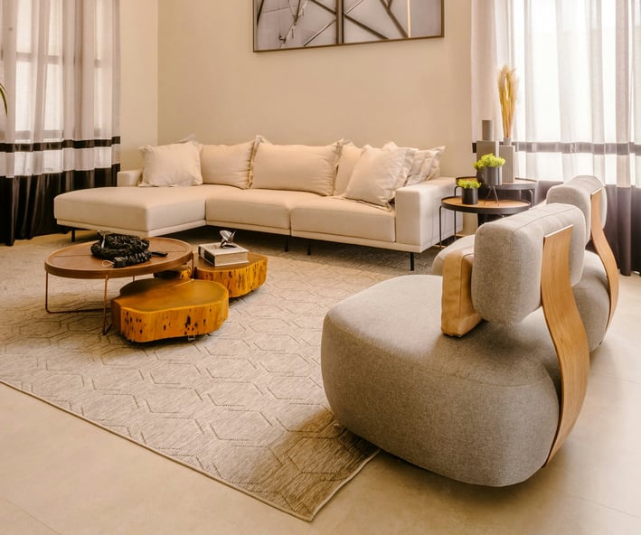 a living room with a couch and a table