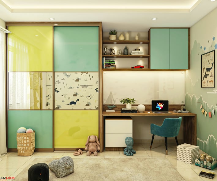 a room with a desk and a desk with a computer
