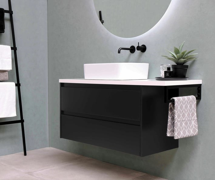 a bathroom with a ladder and a towel rack