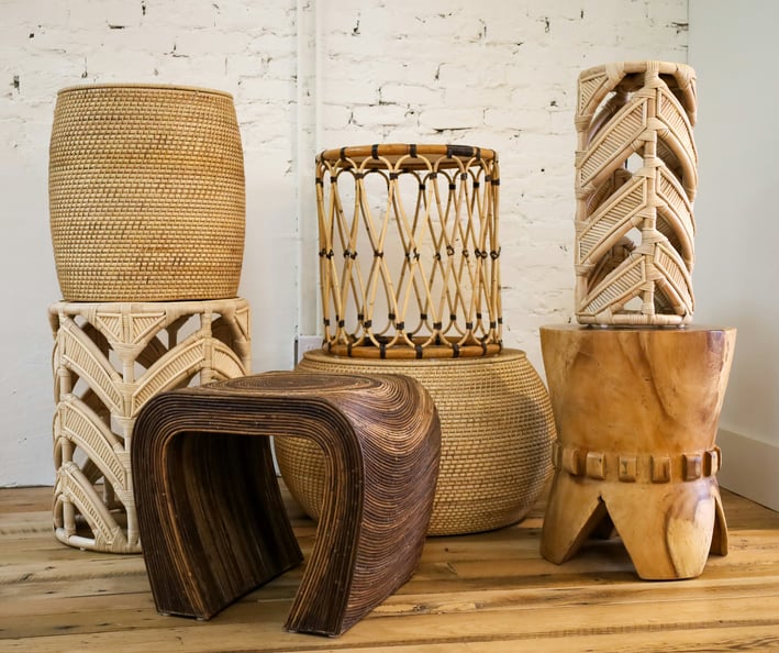 a variety of decorative wooden pieces of artisanly carved wood