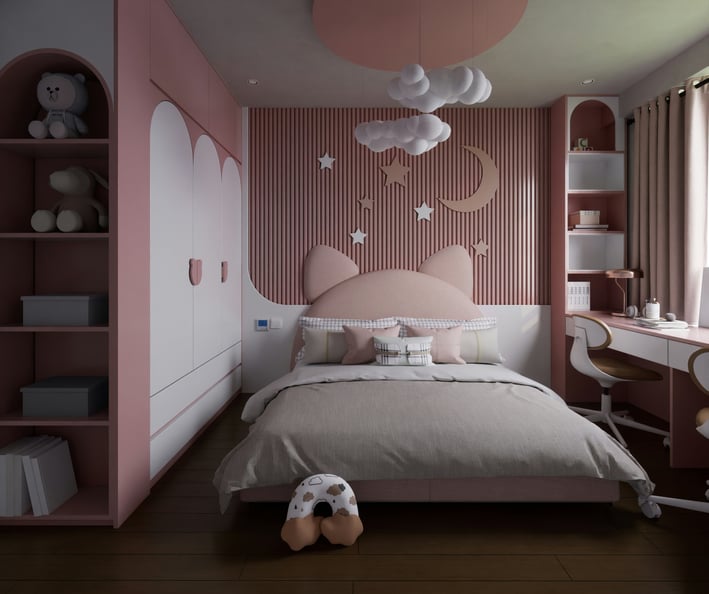 a bedroom with a bed and a teddy bear