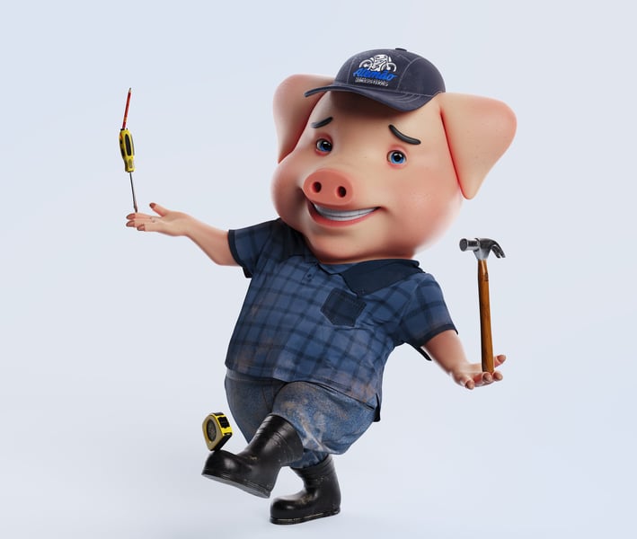 personagem cartoon, porco que trabalha numa ferragem, desastrado, 3D render, posição natural