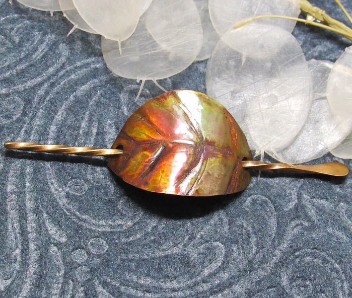 iridescent copper leaf hair pin