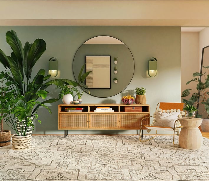 a living room with a mirror and a mirror