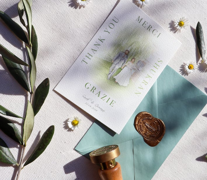 watercolor thank you note with stylized couple on top of sage green envelope with custom wax seal