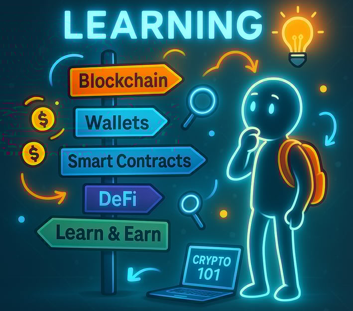 A curious stick figure with a backpack stands next to a glowing signpost pointing to key crypto topi