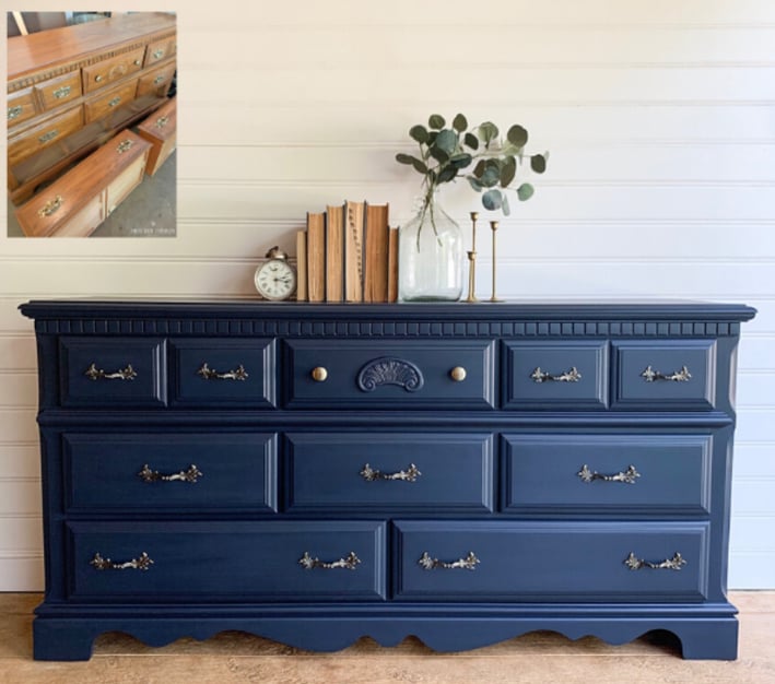 wooden furniture updated into blue dresser