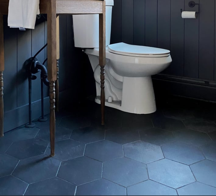 navy blue hexagon bathroom flooring