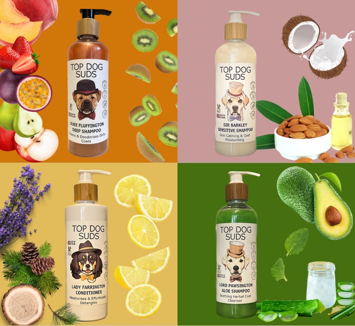 a collage of various dog shampoo products
