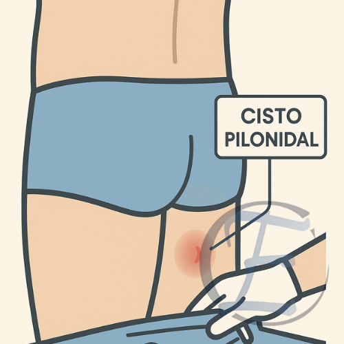 Ilustração médica simplificada mostrando localização e aparência clínica típica de um cisto pilonida