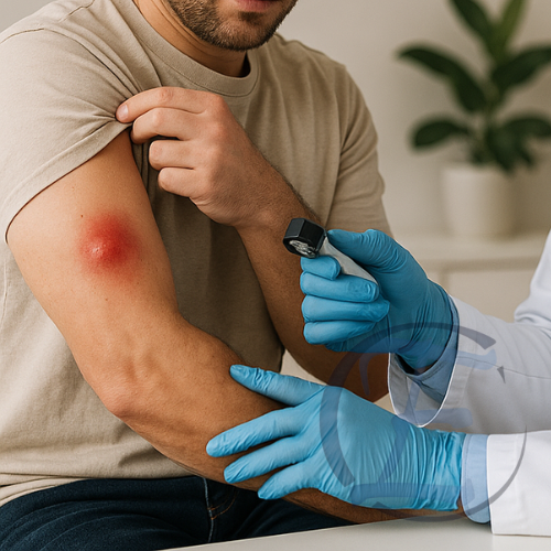 Paciente com abscesso cutâneo inflamado sendo avaliado em consultório médico.
