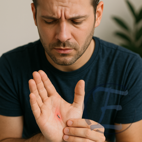 Paciente com corpo estranho superficial visível na mão durante avaliação médica.