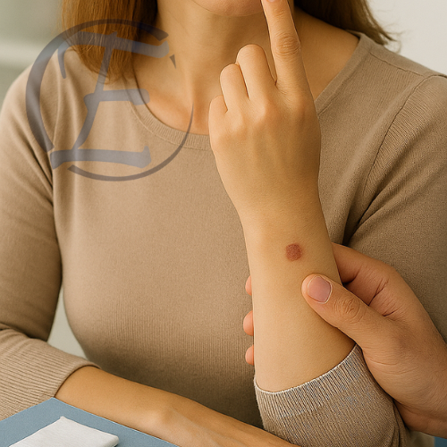 Paciente com lesão cutânea visível em consulta médica para avaliação estética.