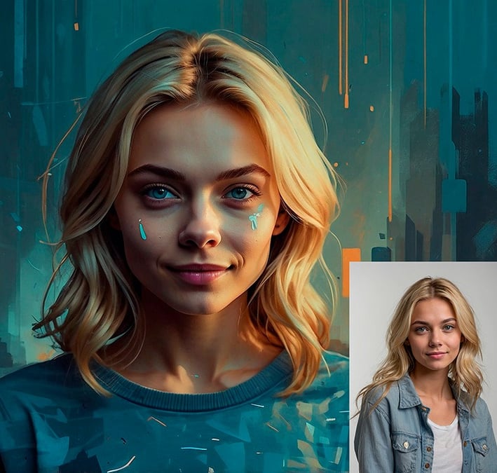 Portrait photo transformed into a painting with modern tecnostyle