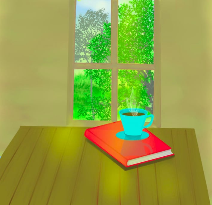 a cup of coffee and a book on a table a window with green cotten wood trees out side