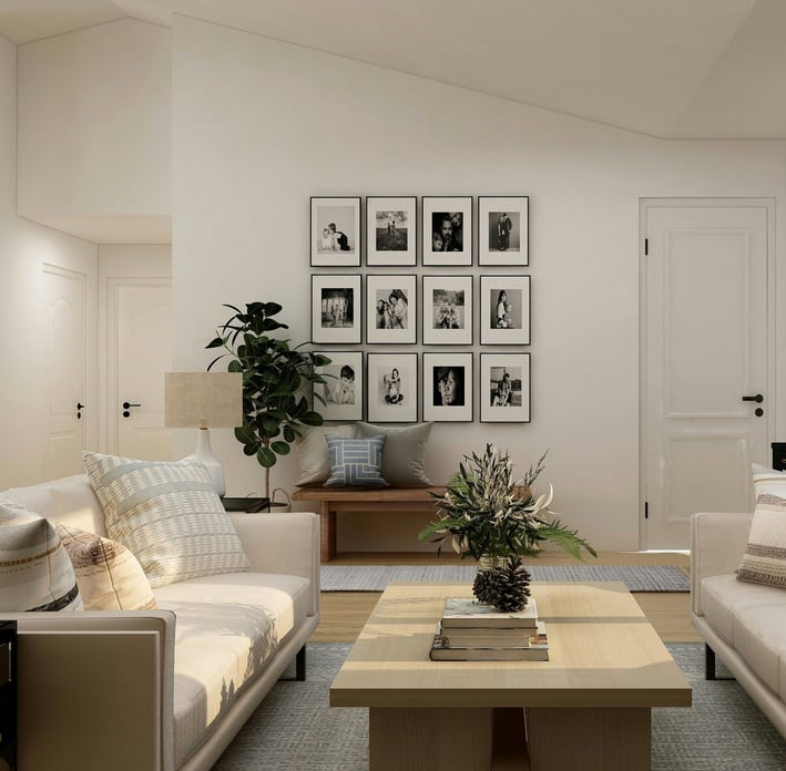 a living room with a couch and a table