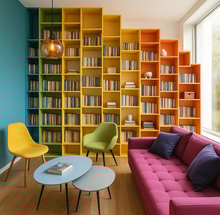 bibliothèque murale sur mesure extrêmement colorée et au design