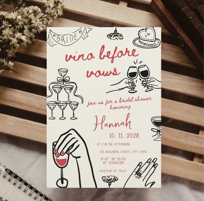Bridal Shower Invitation on theme Vino Before Vows, hand-drawn, in black and red